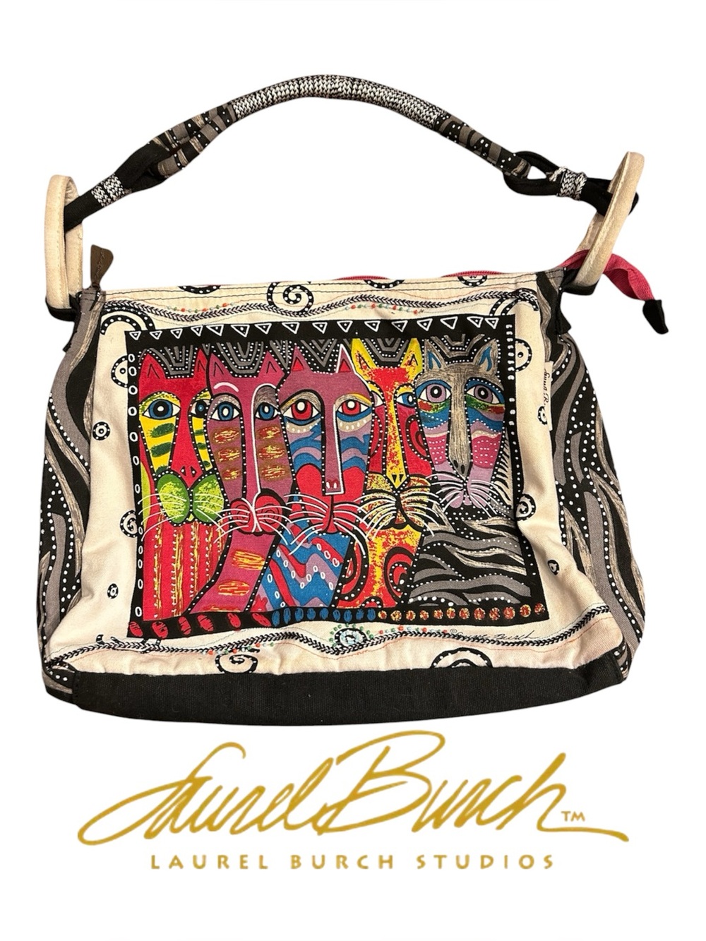 Laurel Burch Cream Multicolor Cat Canvas Shoulder Bag